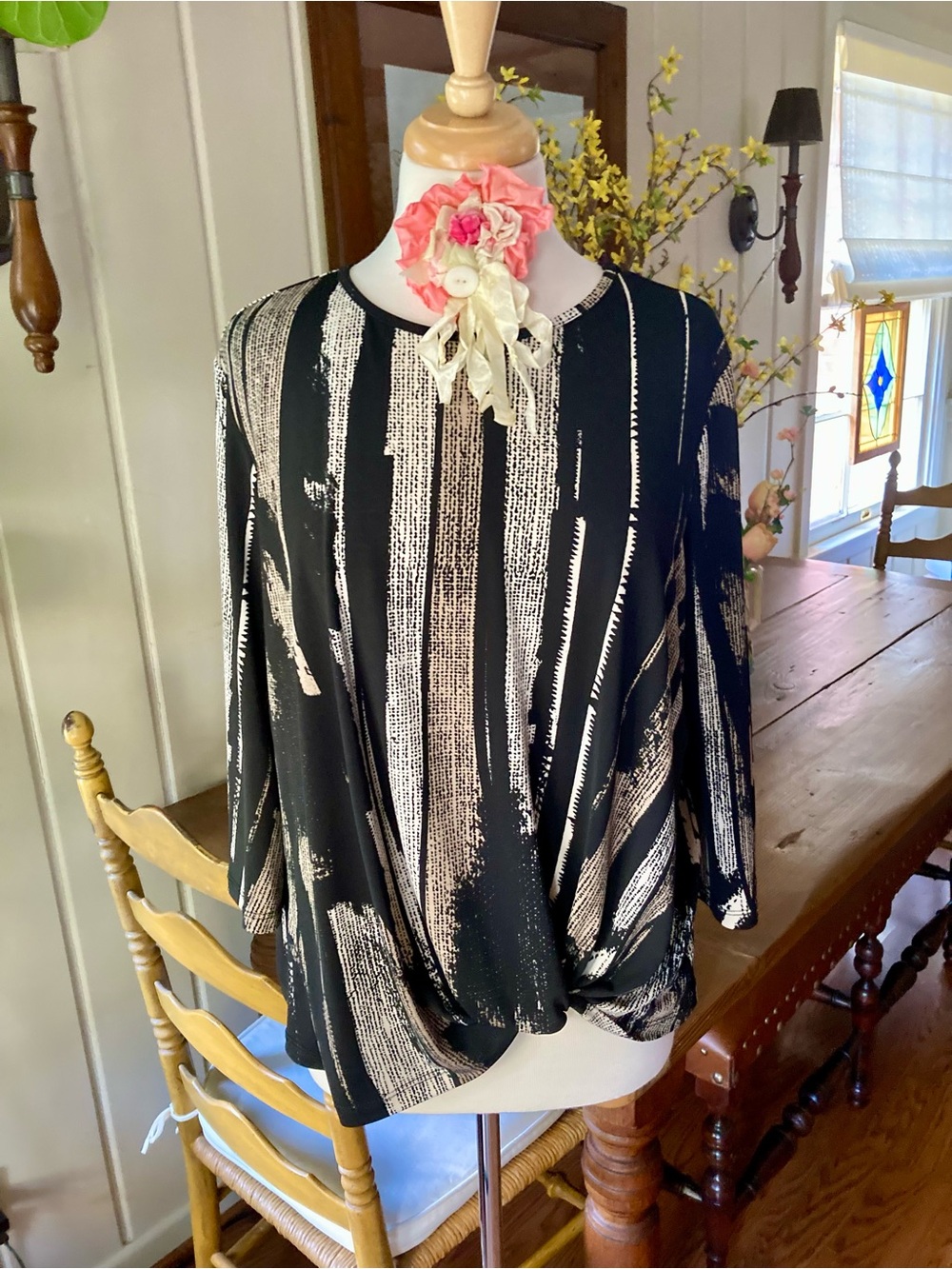 Clara Sun Woo Black Top with Cream Brushstroke Stripes and Front Knot